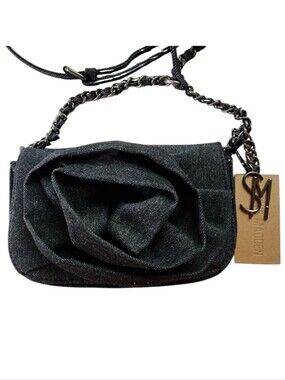 Steve Madden Black Denim Borla Crossbody Bag, 3-D Rose Bud, Bag Charm, NWT